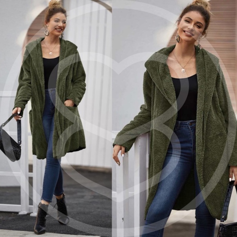 Olive oversized Open Front Hoodie jacket teddy - Picture 1 of 11